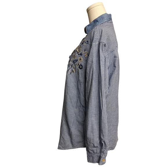 Vintage Womens Blue Gingham Floral Embroidered Beaded Button Down Shirt L - Picture 3 of 11